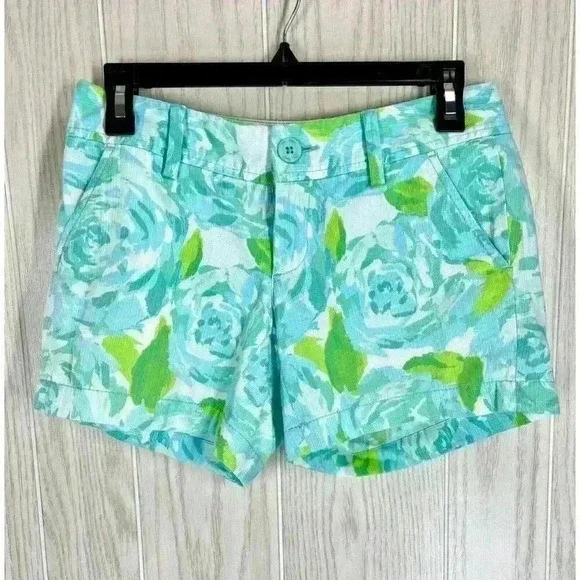 Lilly Pulitzer Shorts Size 00 Blue The Callahan Floral Cotton Chino Rose Print - Picture 2 of 10